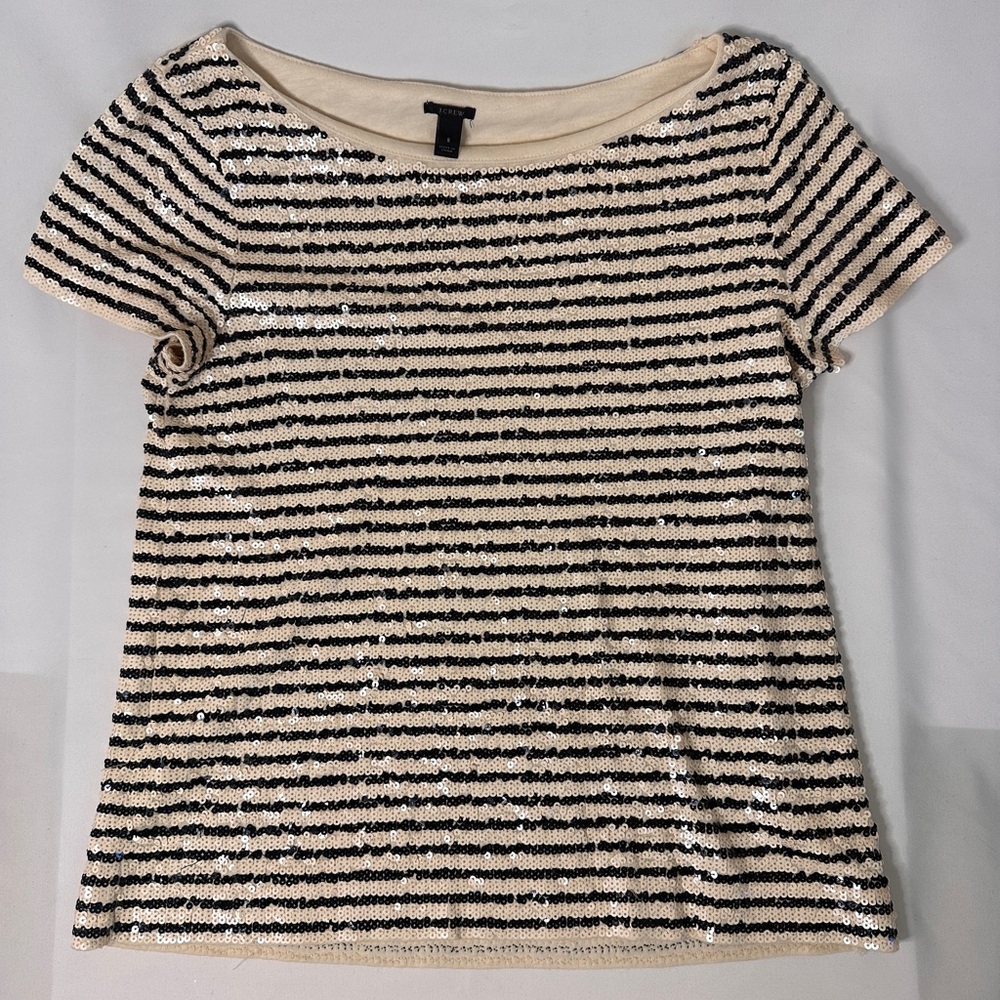 J. Crew Black and Cream Sequin Striped Tee small